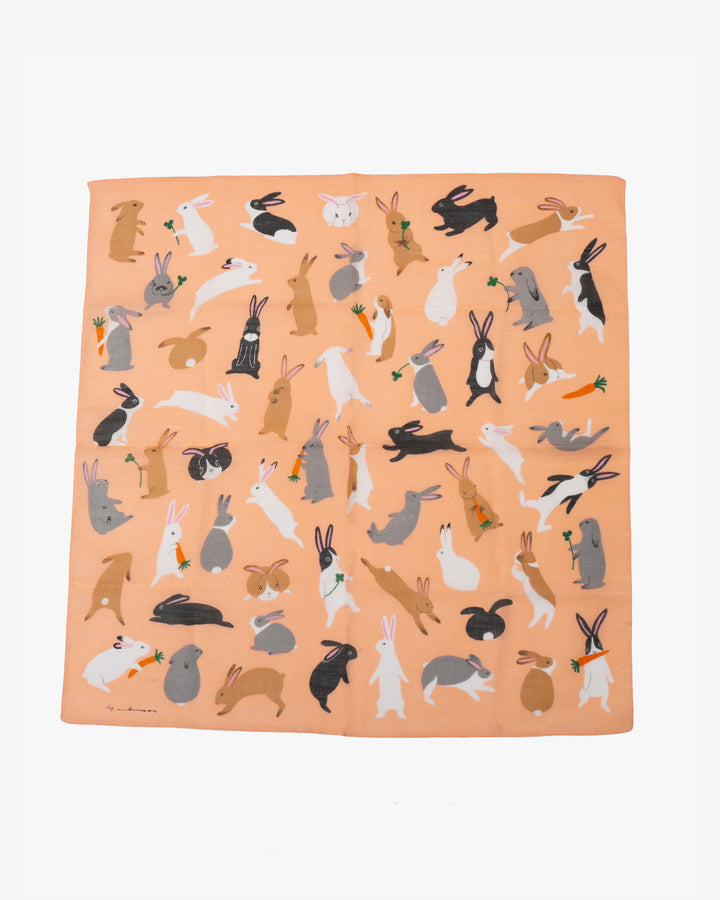 Japanese Handkerchief, Classic, Yoko Matsumoto, Coral, Rabbits