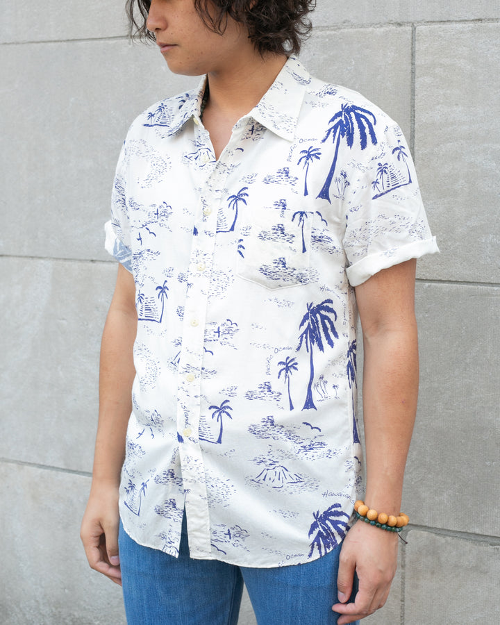 Japanese Repro, Short Sleeve Aloha Shirt,  Eternal  Brand, White with Blue Palm Trees - L