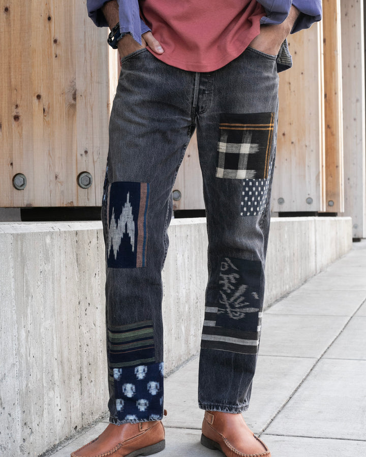 Kiriko Custom Denim Jeans, Patched Vintage Boro, Levi's Brand, Gray Denim with Multicolor Patches - 33