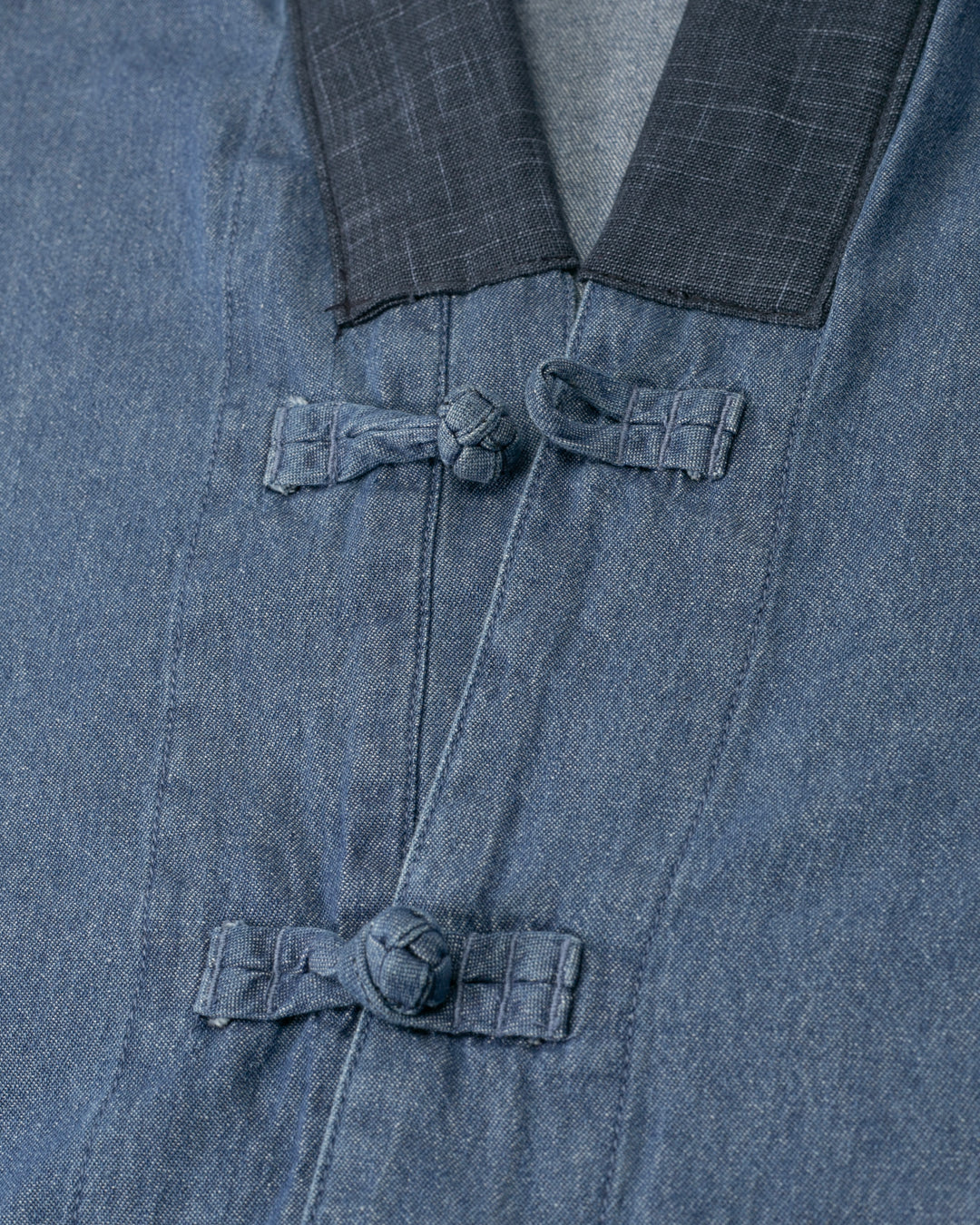 Kiriko Original Two Tone Denim Jacket, Mandarin Style, Light Indigo with Dark Indigo