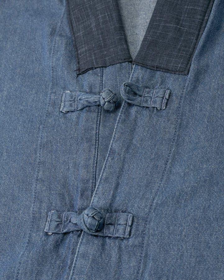 Kiriko Original Two Tone Denim Jacket, Mandarin Style, Light Indigo with Dark Indigo