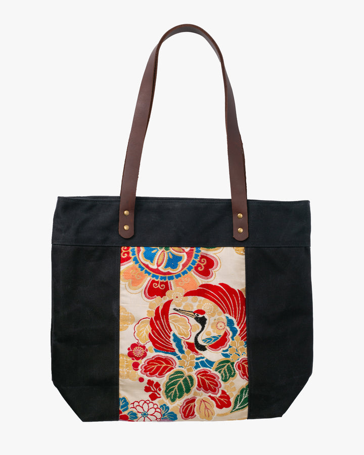 Kiriko Original Waxed Canvas Obi Tote Bag, Black, Colorful Crane