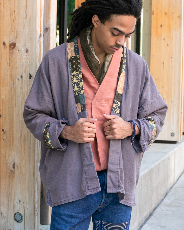 Kiriko Original Jacket, Modern Noragi, Purple and Multi Patchwork, Indigo and Gold, One Wash