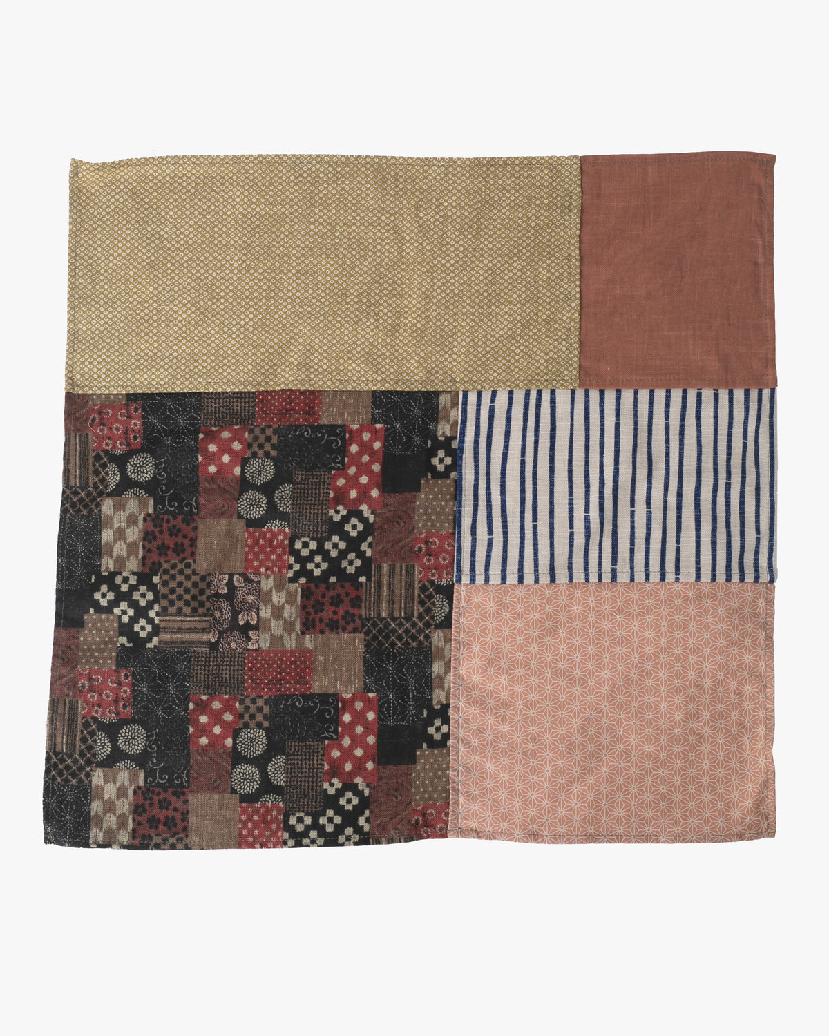 Kiriko Original Bandana, Patchwork, Bamboo Shima, Red Patchwork with Yellow Shibori and Coral Asanoha