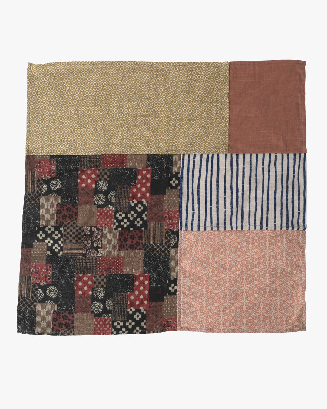 Kiriko Original Bandana, Patchwork, Bamboo Shima, Red Patchwork with Yellow Shibori and Coral Asanoha