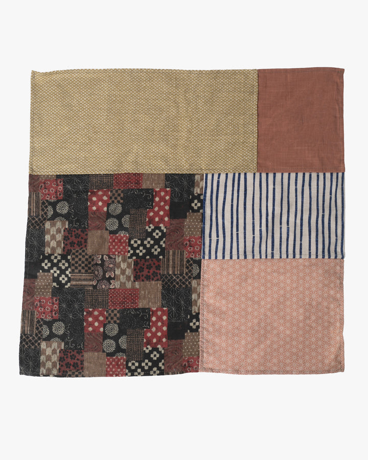 Kiriko Original Bandana, Patchwork, Bamboo Shima, Red Patchwork with Yellow Shibori and Coral Asanoha