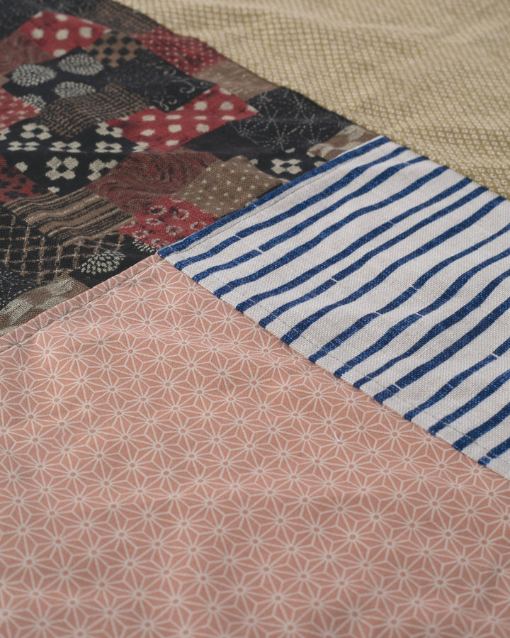 Kiriko Original Bandana, Patchwork, Bamboo Shima, Red Patchwork with Yellow Shibori and Coral Asanoha