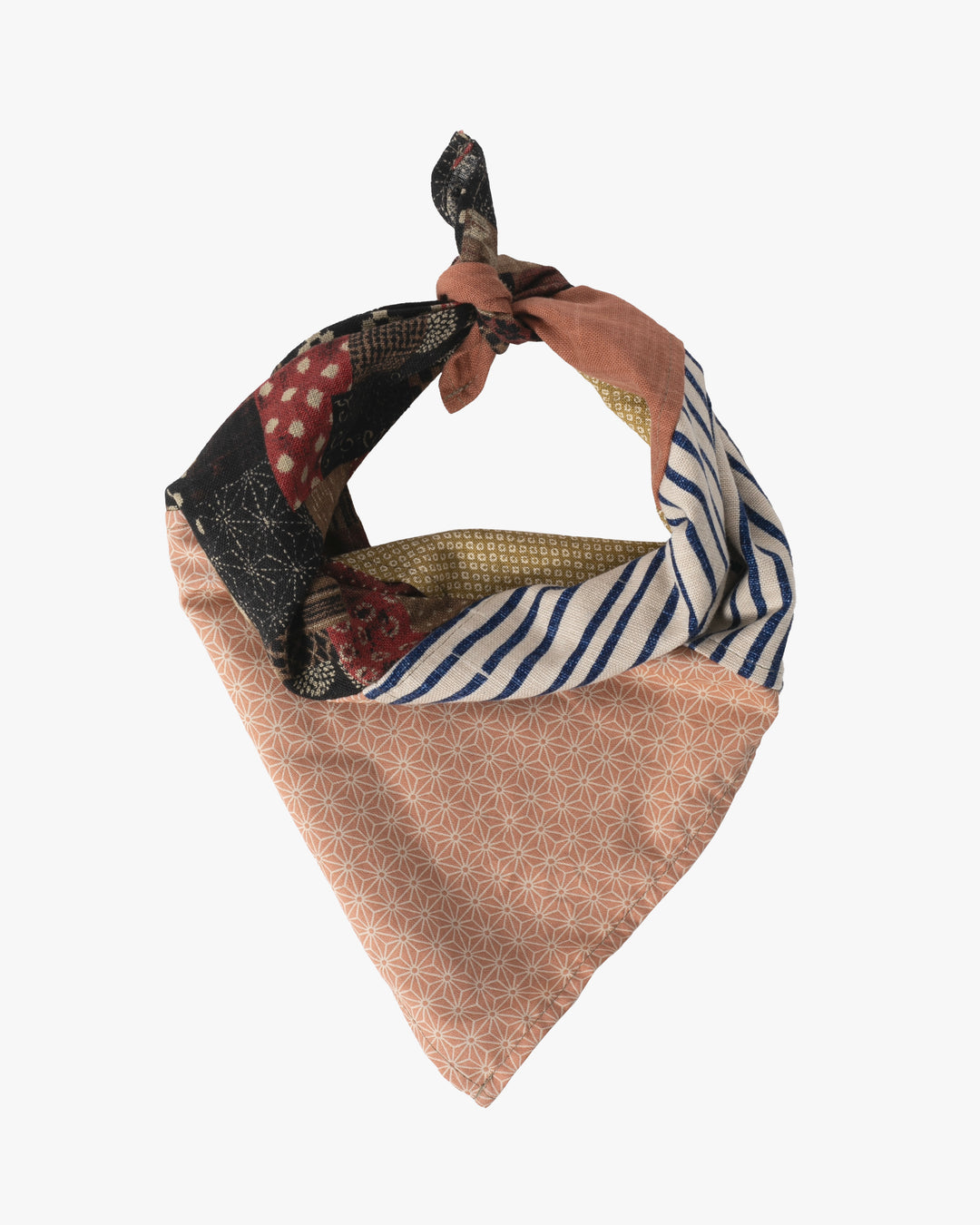 Kiriko Original Bandana, Patchwork, Bamboo Shima, Red Patchwork with Yellow Shibori and Coral Asanoha