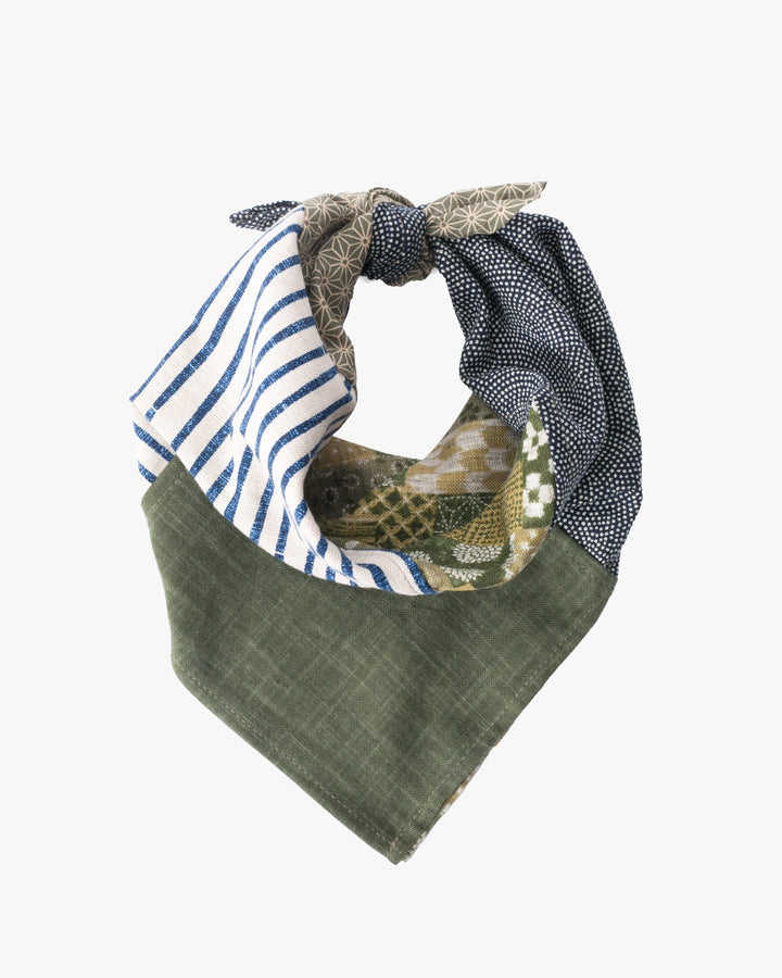 Kiriko Original Bandana, Patchwork, Bamboo Shima, Matsuba Patchwork with Dotted Seigaiha and Small Green Asanoha
