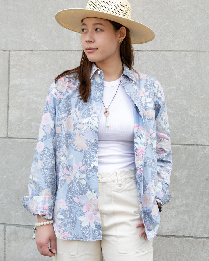 Japanese Repro Shirt, Aloha Long Sleeve, Sun Surf Brand, Pastel Blue with Flowers - M