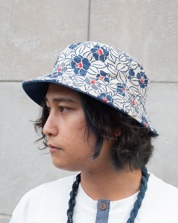 Kiriko Original Bucket Hat, Reversible, White Tsubaki Denim