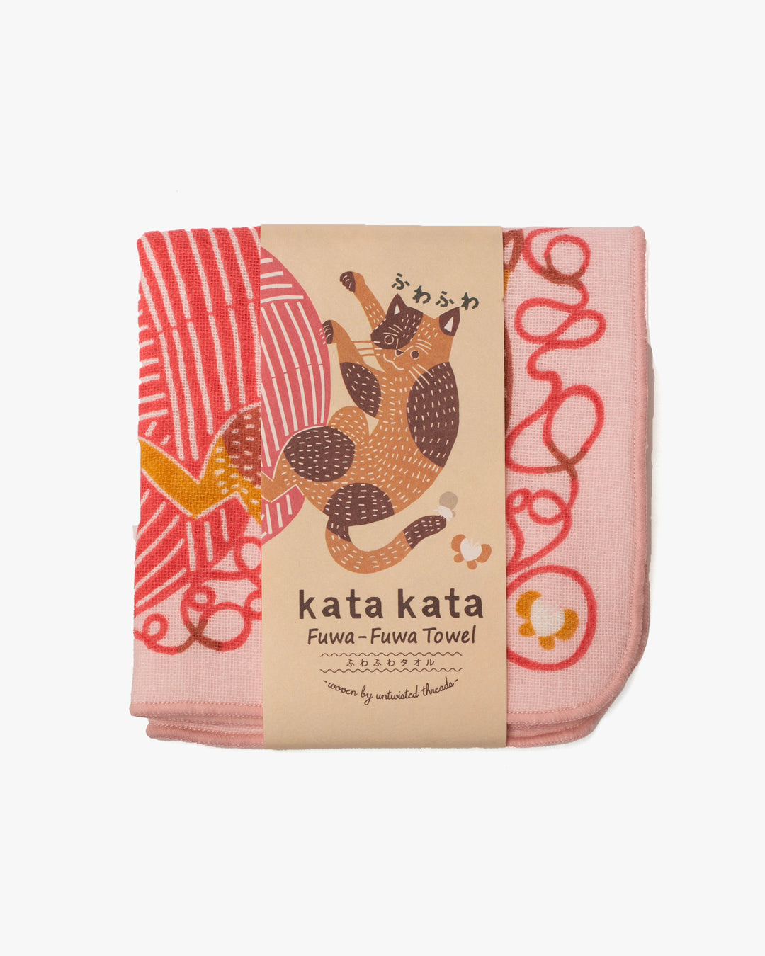 Musubi, Fuwa-Fuwa Towel, Kata Kata, Cat &amp; Yarn, Pink, 10" x 10"