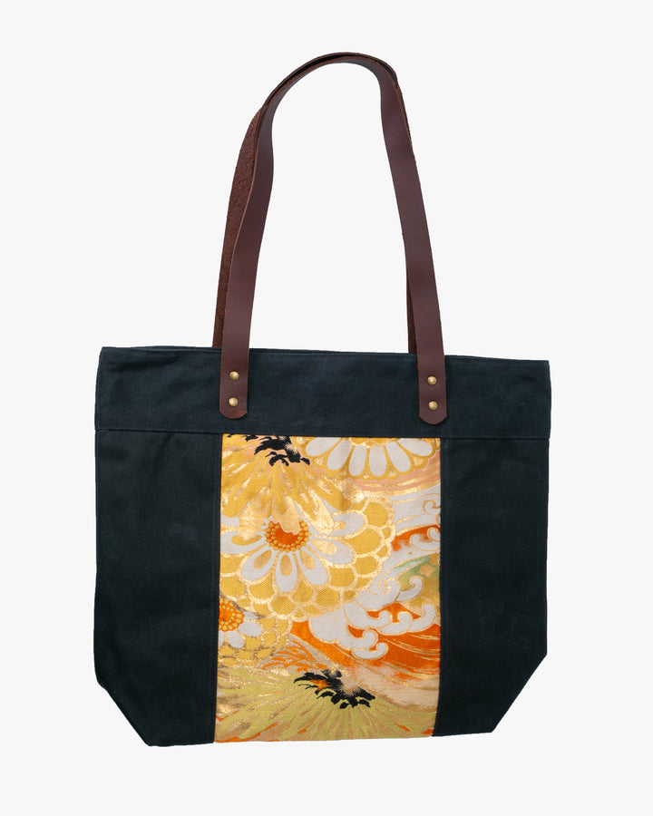 Kiriko Original Waxed Canvas Obi Tote Bag, Black, Kiku and Clouds