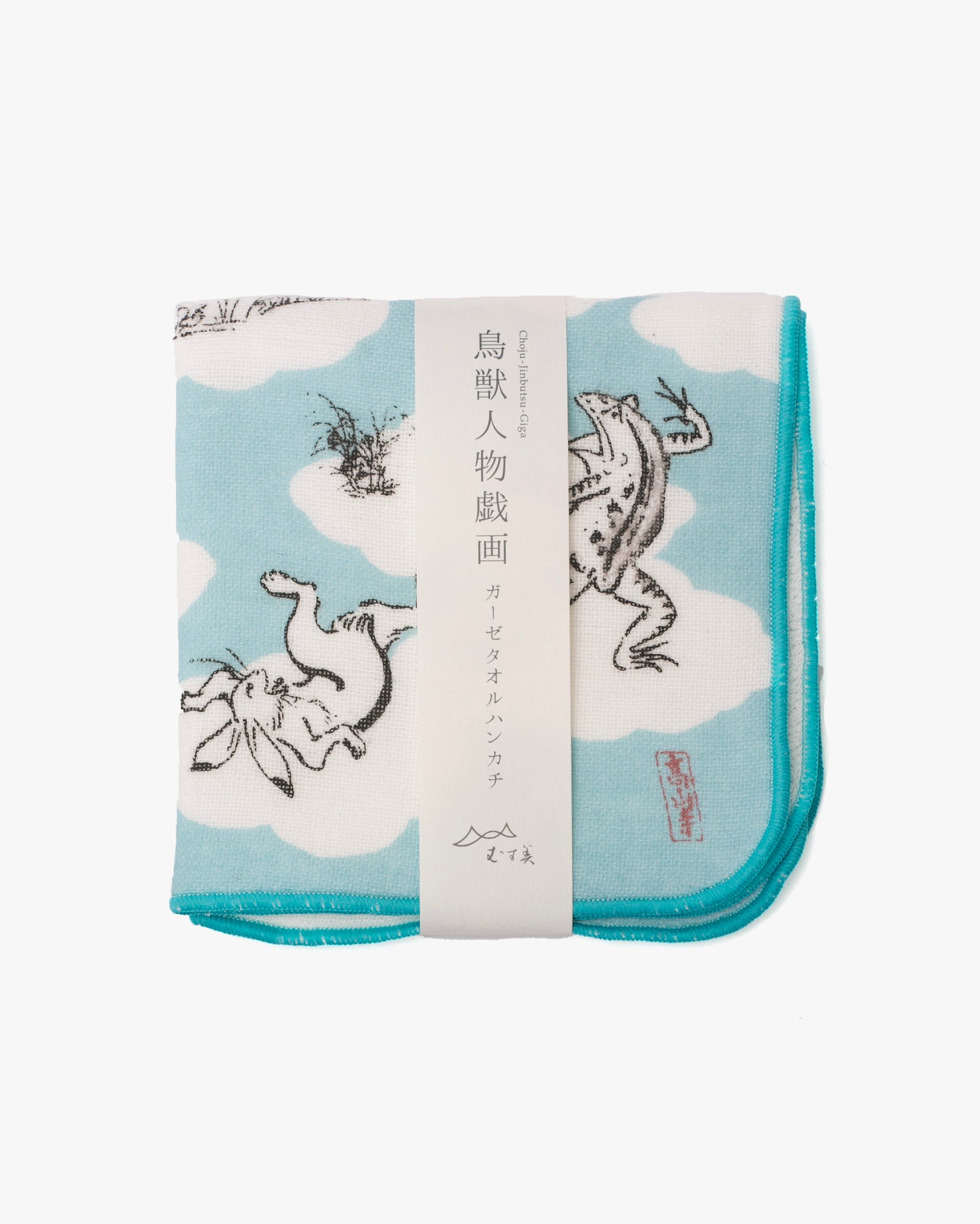 Musubi, Gauze Pile Handkerchief, Choju Jinbutsu Giga, Sumo, Blue, 10" x 10"