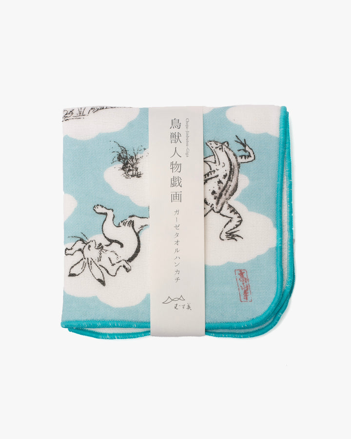 Musubi, Gauze Pile Handkerchief, Choju Jinbutsu Giga, Sumo, Blue, 10" x 10"