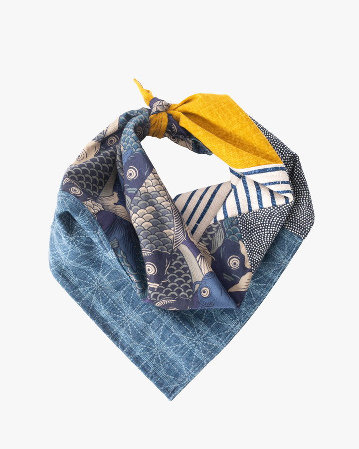 Kiriko Original Bandana, Patchwork, Bamboo Shima,  Blue Koi with Dotted Seigaiha and Blue Dotted Asanoha