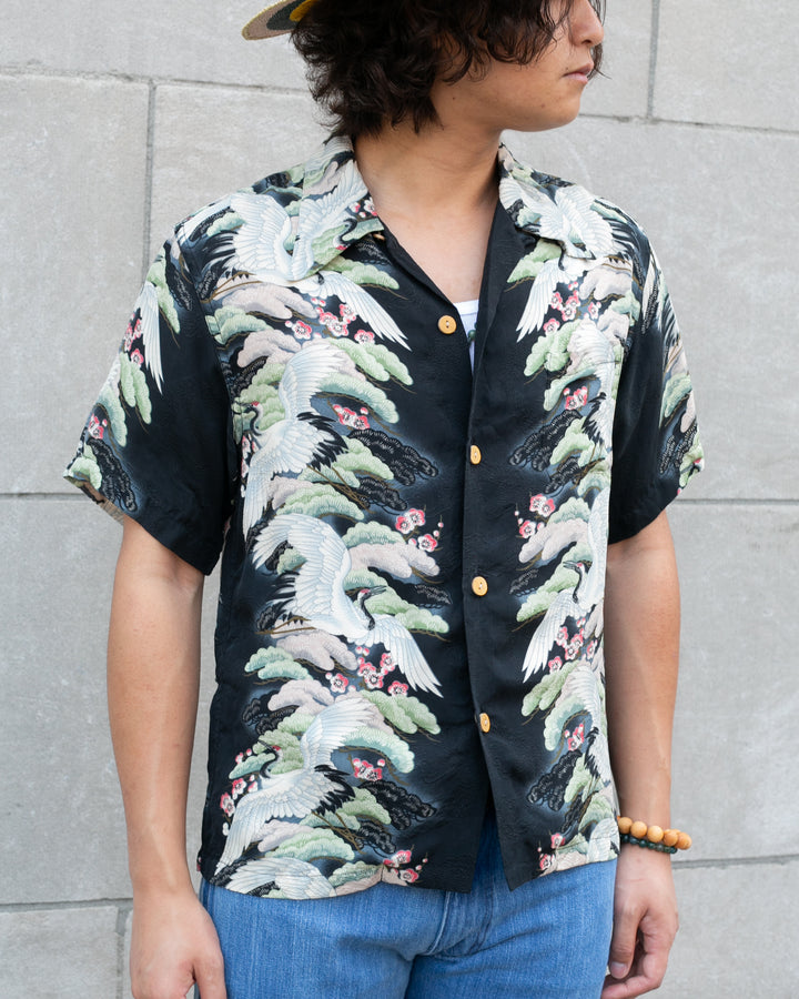 Japanese Repro, Short Sleeve Aloha Shirt, Kula Brand, Black, Cranes with Flowers and - M