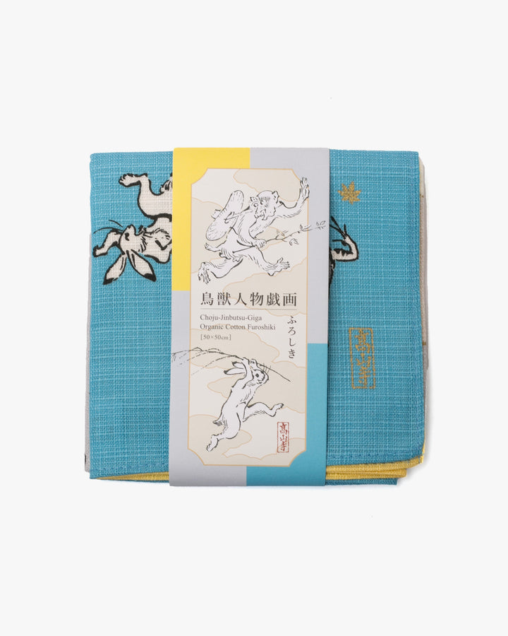 Modern Furoshiki, Musubi, Reversible, Choju Jinbutsu Giga, Yellow and Blue, 19.5" x 19.5"