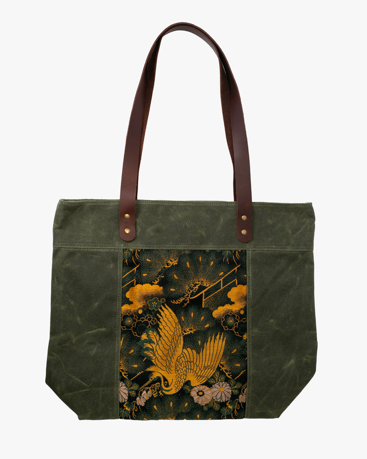 Kiriko Original Waxed Canvas Obi Tote Bag, Green, Black and Gold Crane