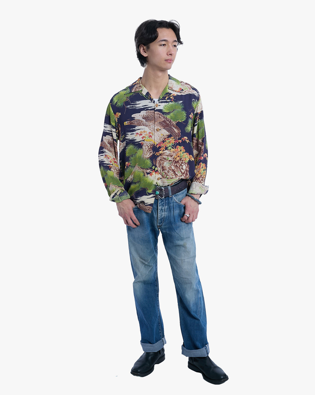 Japanese Repro Long-Sleeve Shirt, L, Toyo Enterprises, Eagle with Branches and Autumn Leaves
