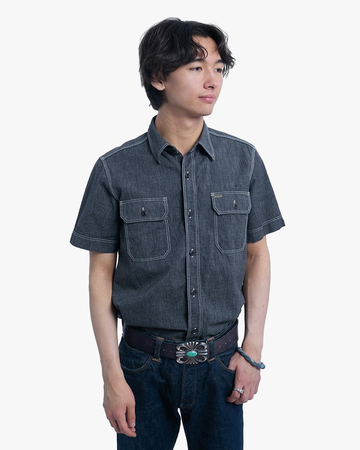 Japanese Repro Short-Sleeve Shirt, L, Jelado, Dark Grey with Light Stitching