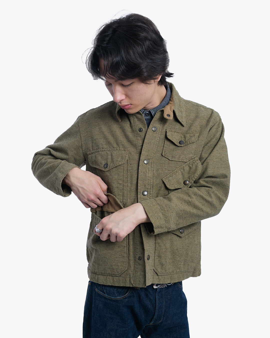 Japanese Repro Jacket, M, Gypsy &amp; Sons, Olive with Asymmetrical Pockets