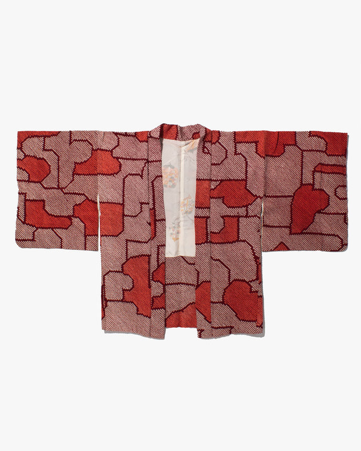 Vintage Haori Jacket, Full Shibori, Dark Red and Orange Abstract Shapes