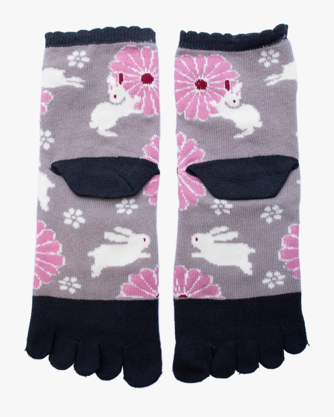 Kurochiku, Toe Socks, Crew, Grey with Pink and White Flowers (S/M)