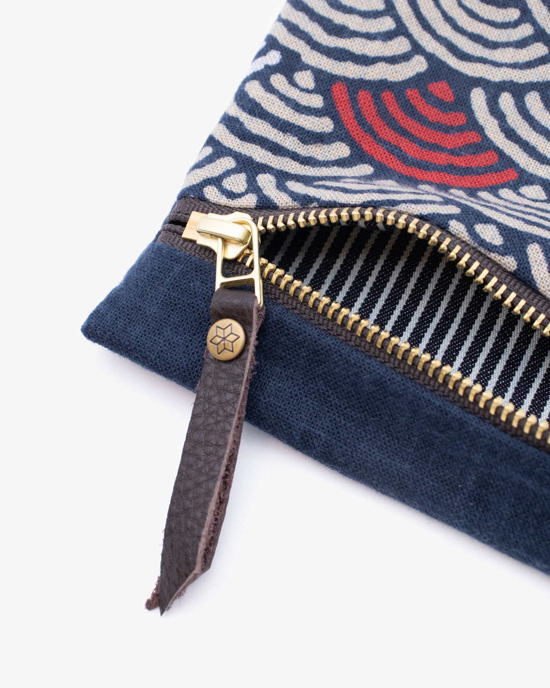 Kiriko Original Flat Medium Zipper Pouch, Two Tone Indigo Seigaiha with Red