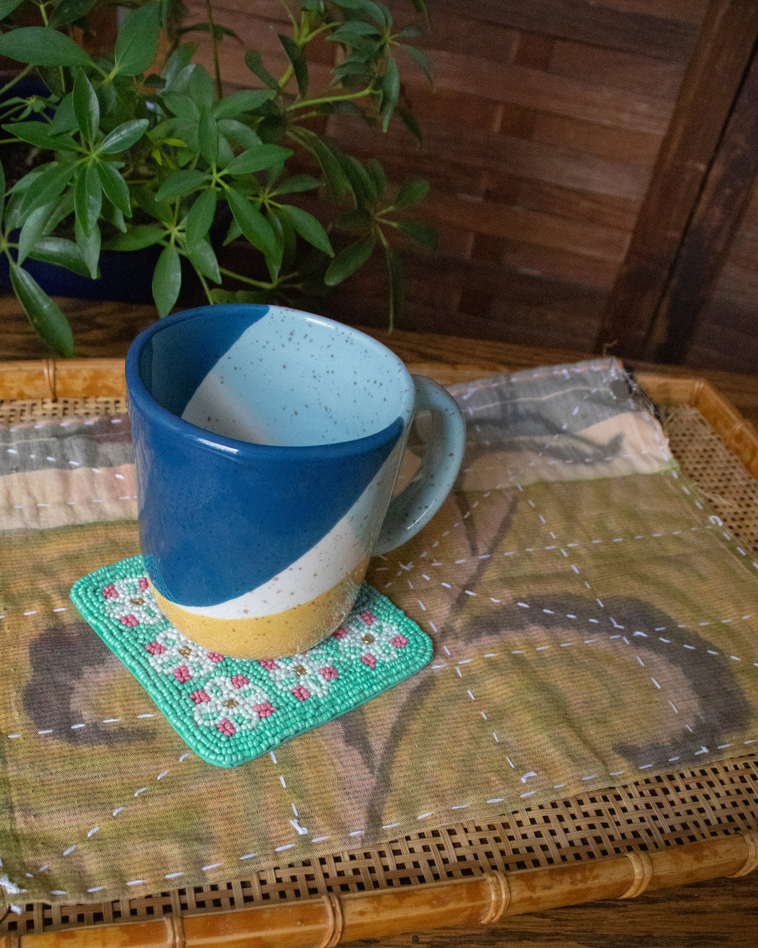 Coaster, Bisque, Beaded Flower Pattern Mint