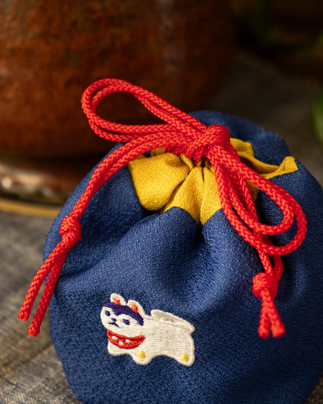 Embroidered Kinchaku, Miyamoto, Dark Blue Inu Hariko
