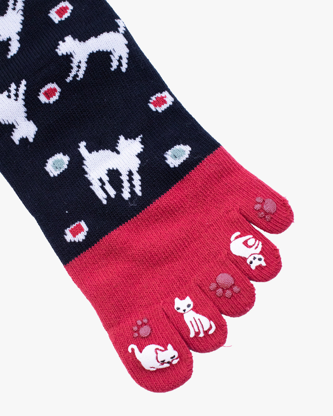 Kurochiku, Toe Socks, Crew, Red and Black with Cats (S/M)