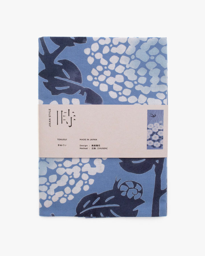Tenugui, Chusen-Zome, Blue Hydrangea and Swallow