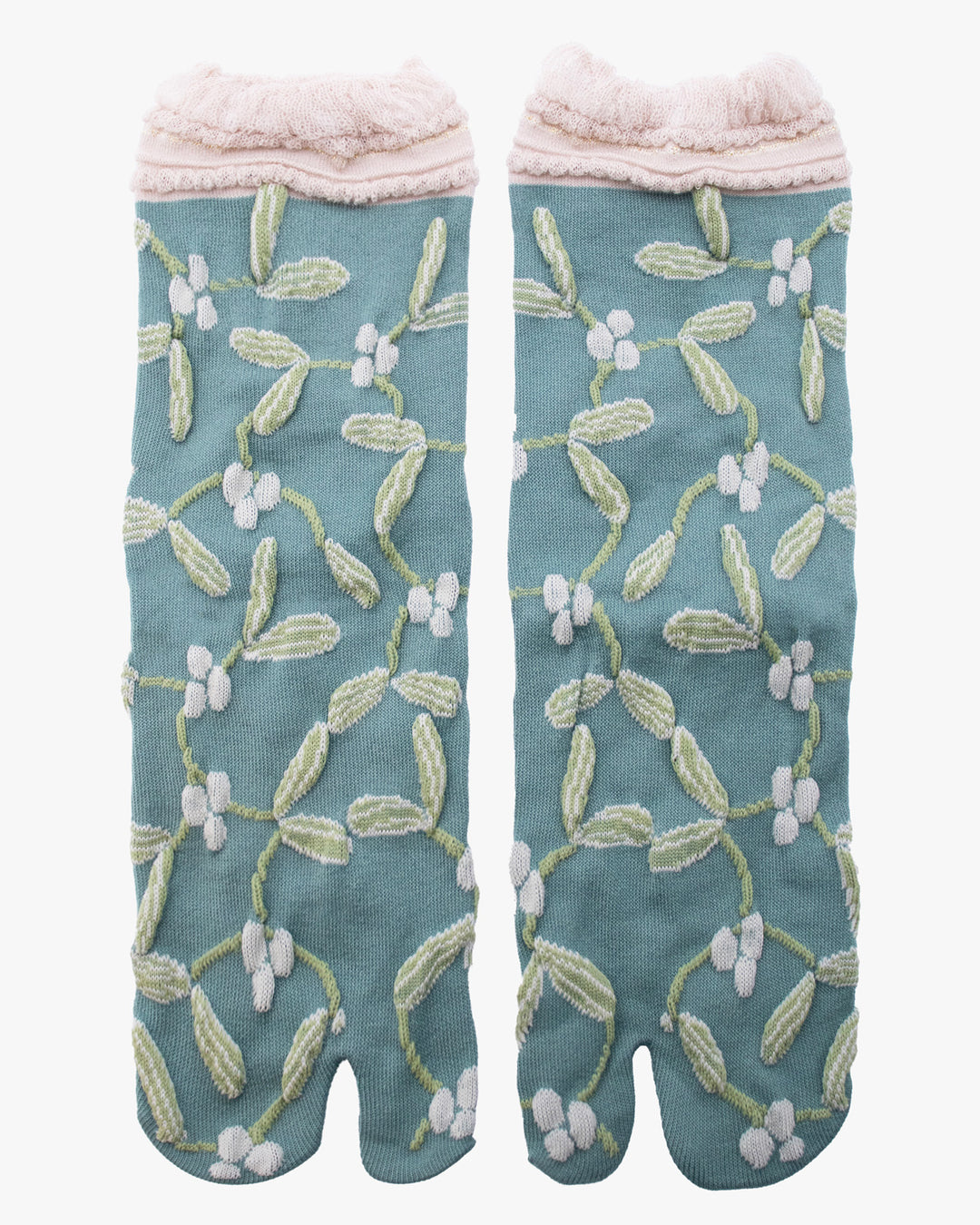 Kurochiku, Tabi Socks, Crew, Teal with Green Flowers (S/M)