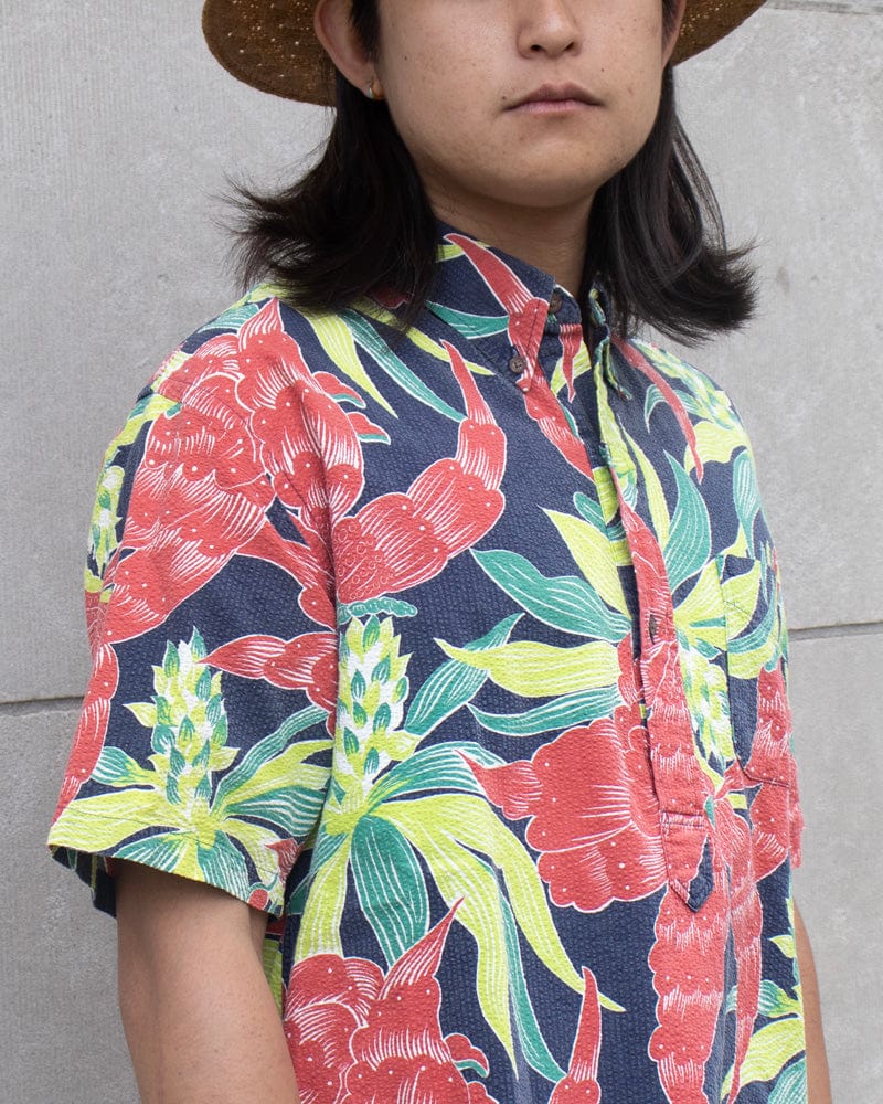 Japanese Repro Shirt, Seersucker Aloha Short Sleeve, Sun Surf Brand, Bright Flower - L