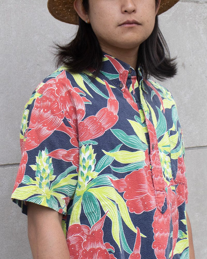 Japanese Repro Shirt, Seersucker Aloha Short Sleeve, Sun Surf Brand, Bright Flower - L