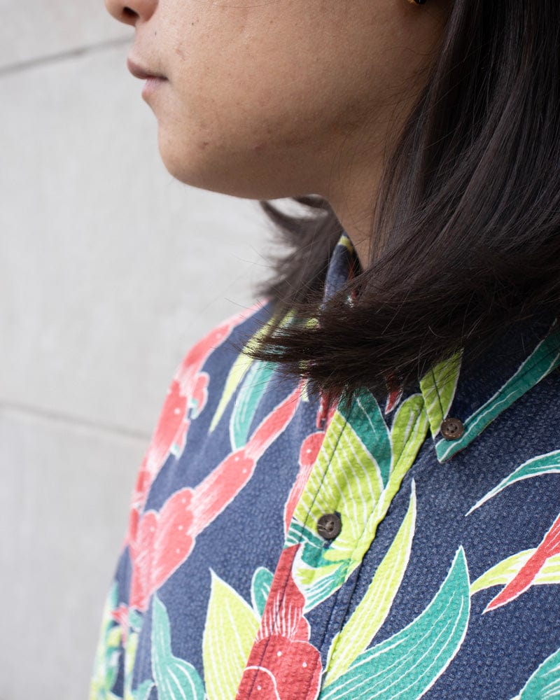 Japanese Repro Shirt, Seersucker Aloha Short Sleeve, Sun Surf Brand, Bright Flower - L