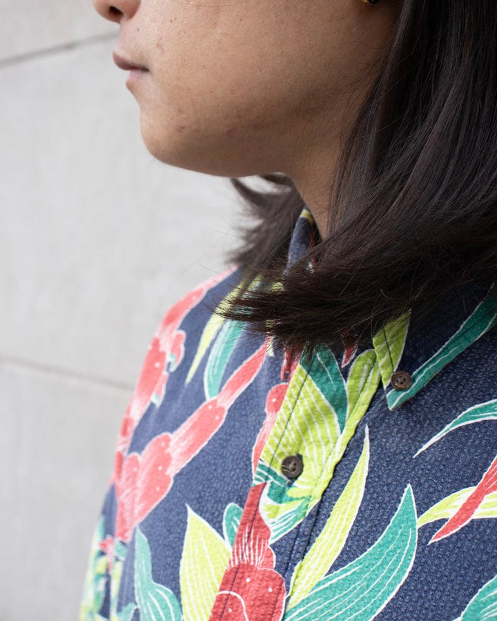 Japanese Repro Shirt, Seersucker Aloha Short Sleeve, Sun Surf Brand, Bright Flower - L