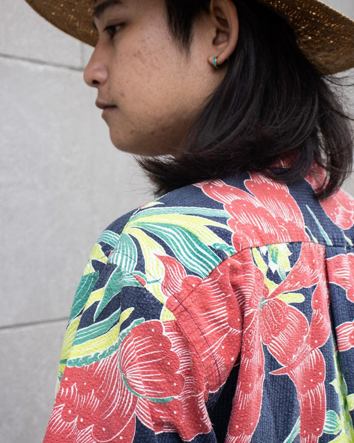 Japanese Repro Shirt, Seersucker Aloha Short Sleeve, Sun Surf Brand, Bright Flower - L