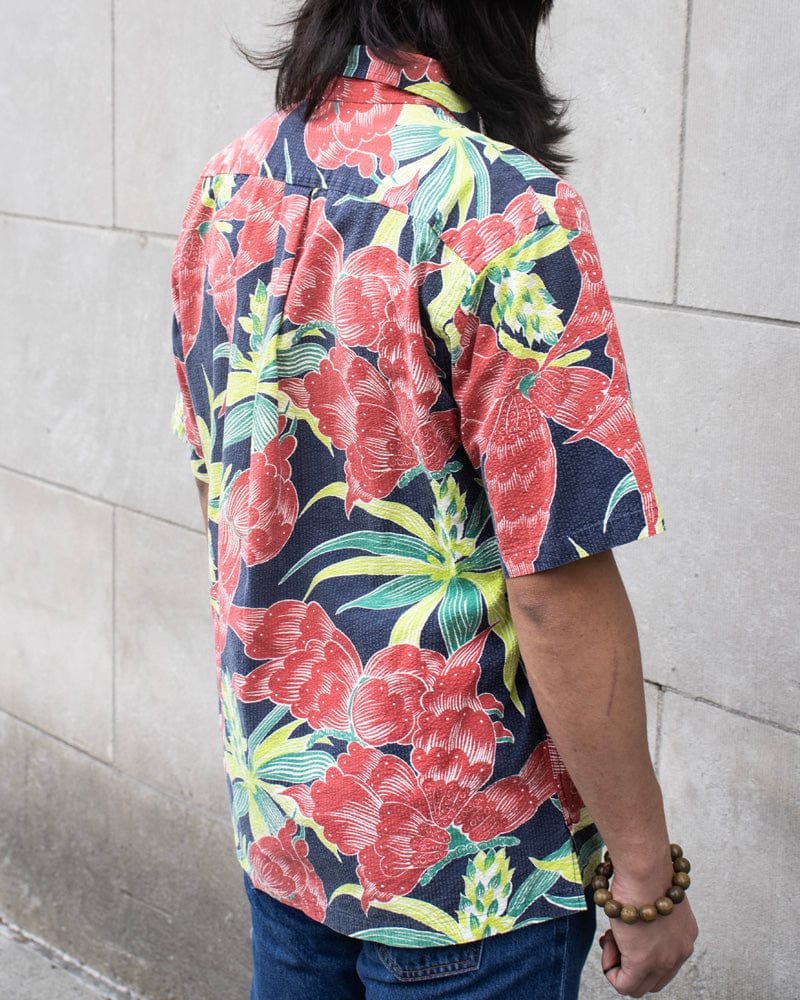 Japanese Repro Shirt, Seersucker Aloha Short Sleeve, Sun Surf Brand, Bright Flower - L
