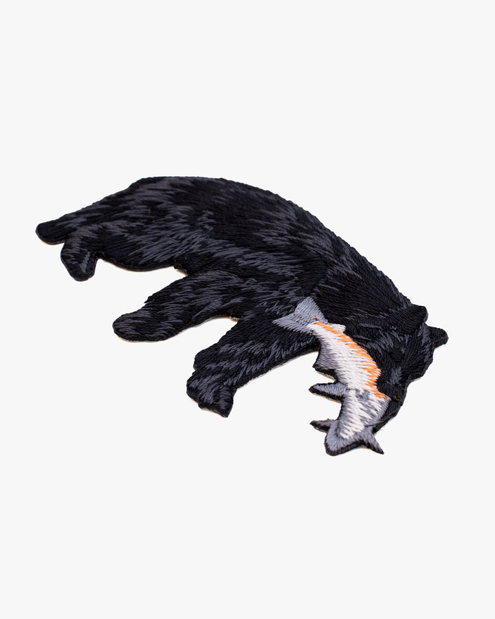 Embroidered Patch, Iron-on Applique, Black Bear Catching Rainbow Trout Fish