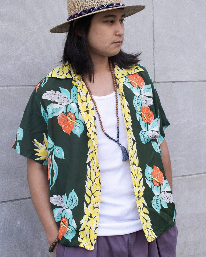 Japanese Repro Shirt, Aloha Short Sleeve, Sun Surf Brand, Green and Floral - M