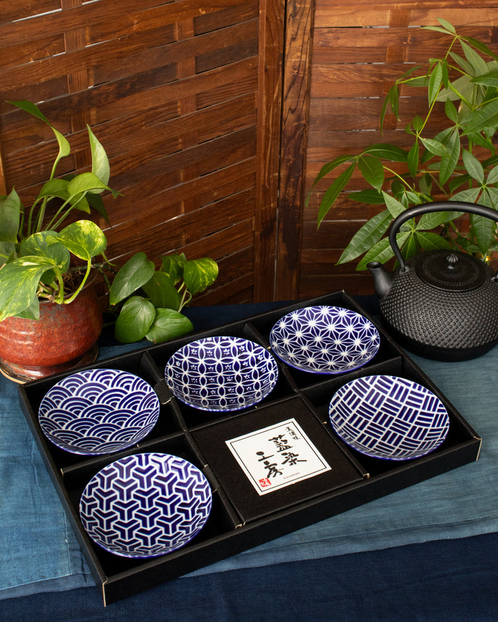 Plate, Ichiyama, Set of 5, Indigo Edo Komon, Large Round