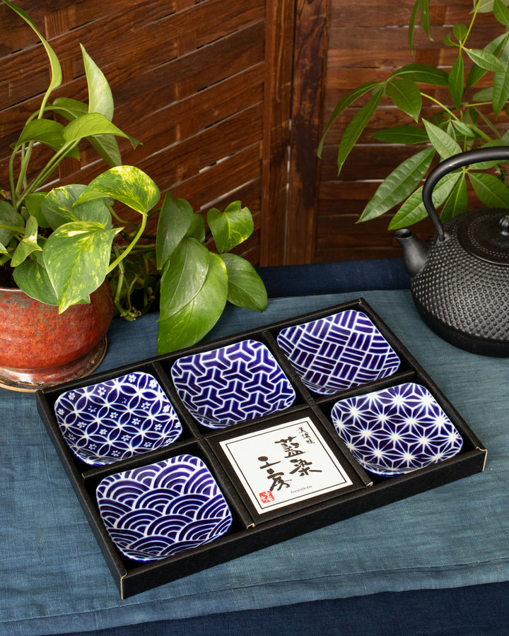 Plate, Ichiyama, Set of 5, Indigo Edo Komon, Small Square