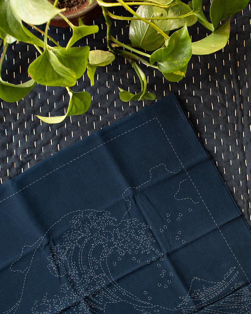 Hana-Fukin Sashiko Sampler, Hokusai "Thirty-six Views of Mount Fuji" The Great Wave off Kanagawa, Navy