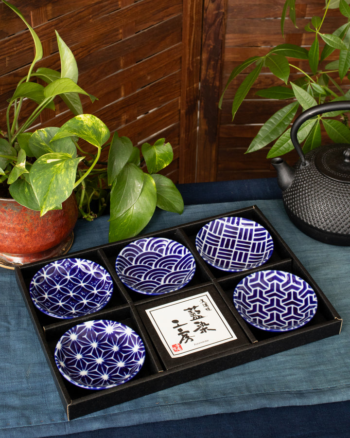 Plate, Ichiyama, Set of 5, Indigo Edo Komon, Small Round