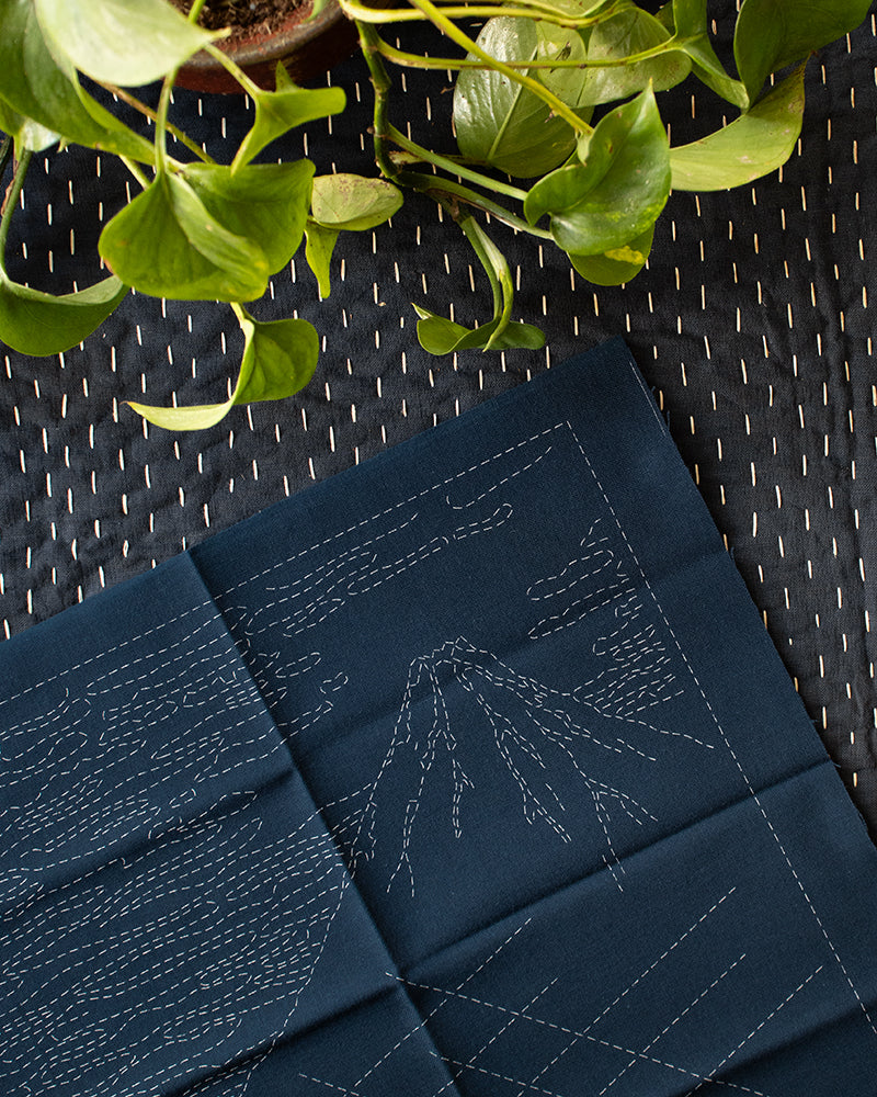 Hana-Fukin Sashiko Sampler, Hokusai "Thirty-six Views of Mount Fuji" Fine Breezy Day, Navy