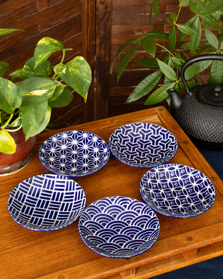 Plate, Ichiyama, Set of 5, Indigo Edo Komon, Large Round