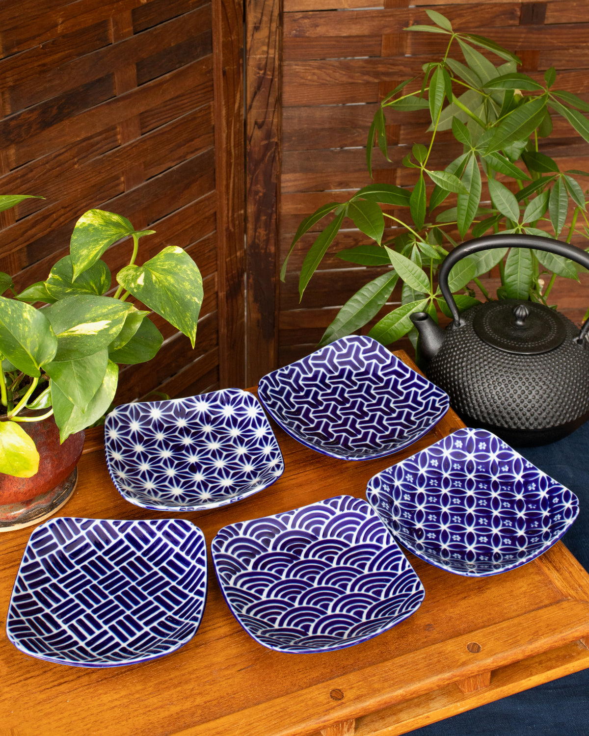 Plate, Ichiyama, Indigo Edo Komon, Large Square, Various Styles