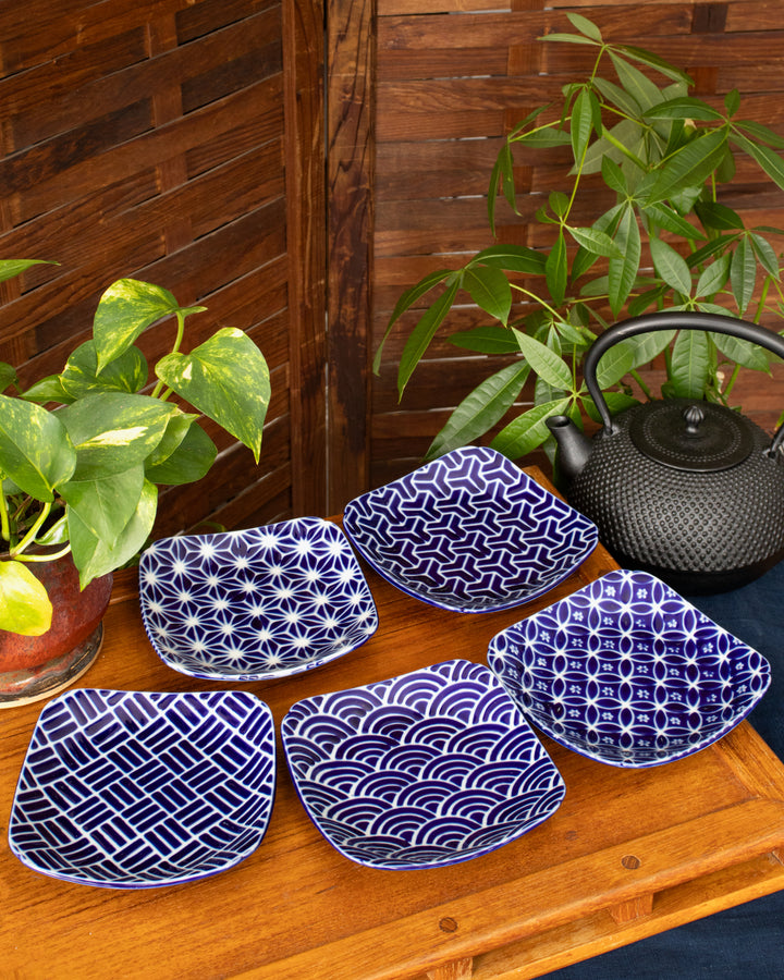 Plate, Ichiyama, Set of 5, Indigo Edo Komon, Large Square
